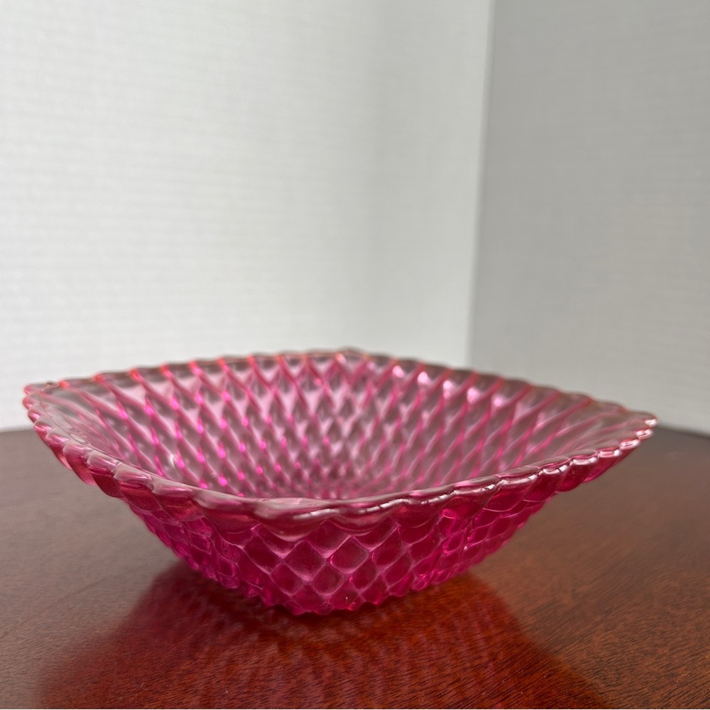 Vintage Square Cranberry Glass Candy Dish Bowl 6 1/2 inches